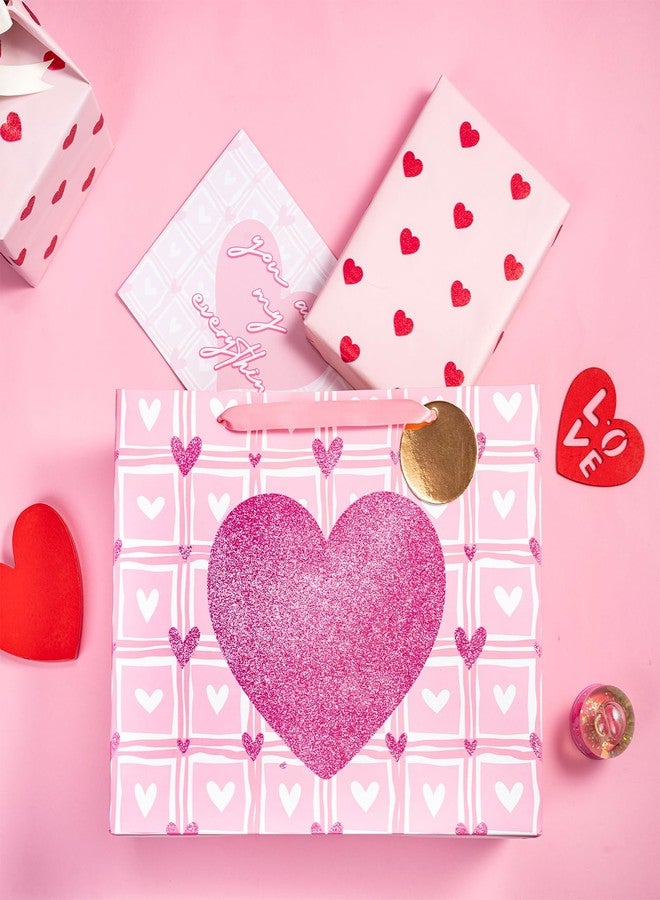 LeZakaa 13" Pink Heart Valentine Gift Bag, Glitter Heart Design for Women Girls, with 2 Pink Tissue Papers, Gift Tag & Greeting Card, for Classroom Valentine Exchange Gifts, 13" x 10" x 5", 1 Pcs - Image 2